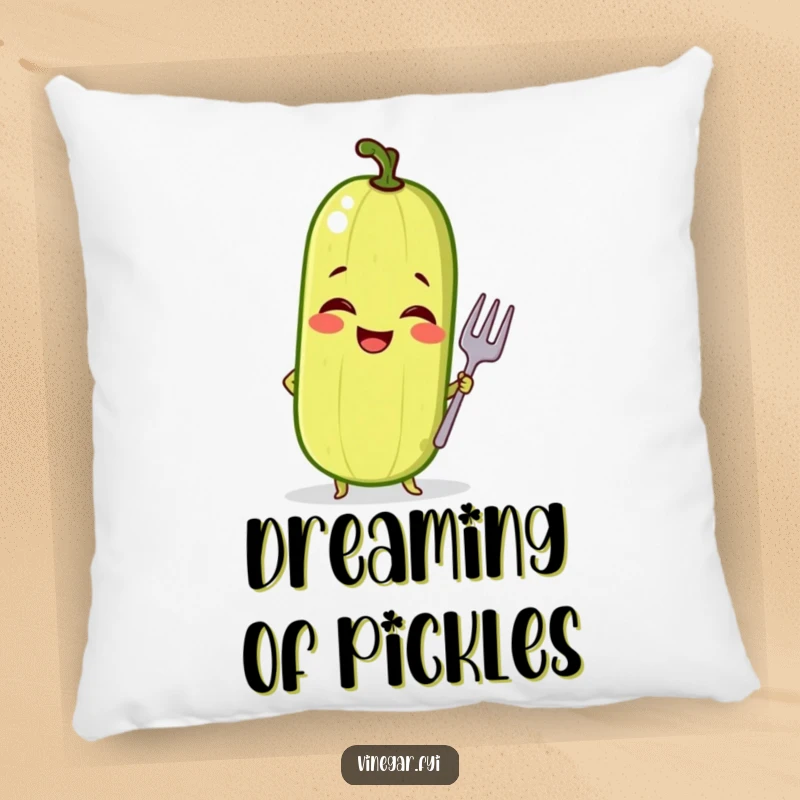 Funny pillow featuring a giggling pickle in a confident pose with a tiny fork, providing comfort and sassy humor.