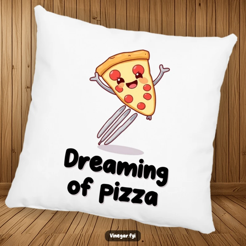 Funny pillow featuring a smiling anthropomorphic pizza slice leaping over a giant fork, offering comfort and humor.