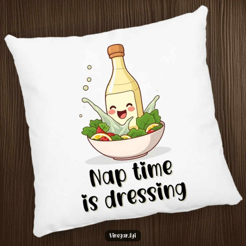 Funny pillow showcasing a smiling vinegar bottle splashing into a salad bowl, adding comfort and playful humor.
