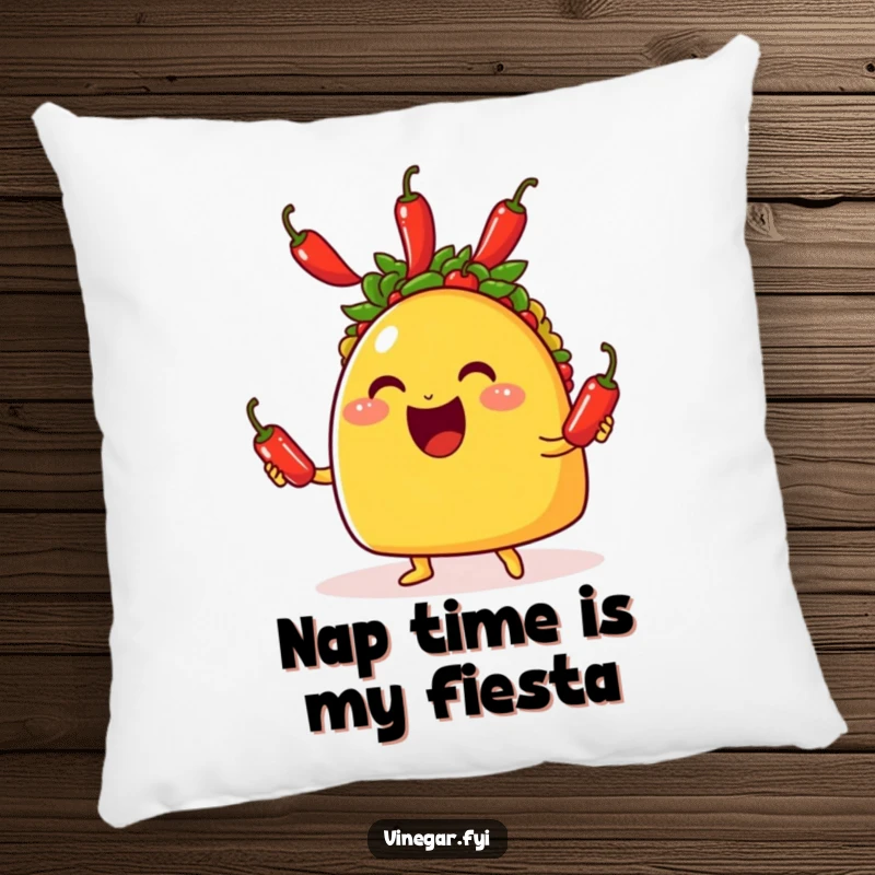 Funny pillow featuring a happy taco juggling three tiny chili peppers with a wide, joyful grin, perfect for cozy humor.