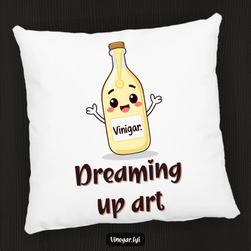 Funny pillow featuring a cheerful vinegar bottle pouring itself onto a blank canvas, providing comfort and artistic humor.