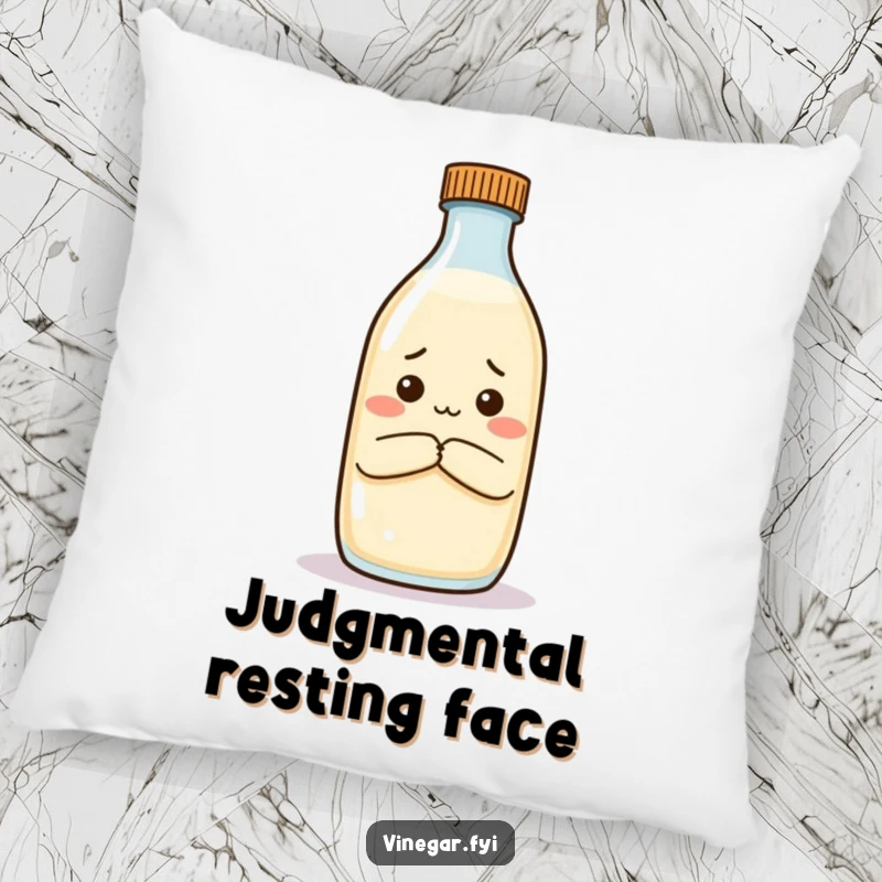 Funny pillow showcasing a vinegar bottle with arms crossed, expressing unimpressed disapproval of milk, adding comfort and humor.