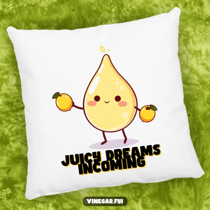 Funny vinegar droplet character juggling lemons on a soft pillow, showcasing a playful and humorous design for cozy spaces.