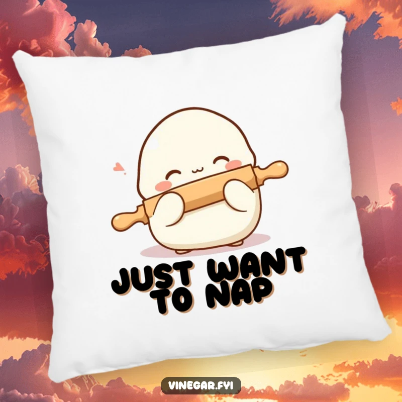 Funny pillow designed with a shy dumpling blushing and hiding behind a tiny rolling pin, offering comfort and adorable food-themed charm.