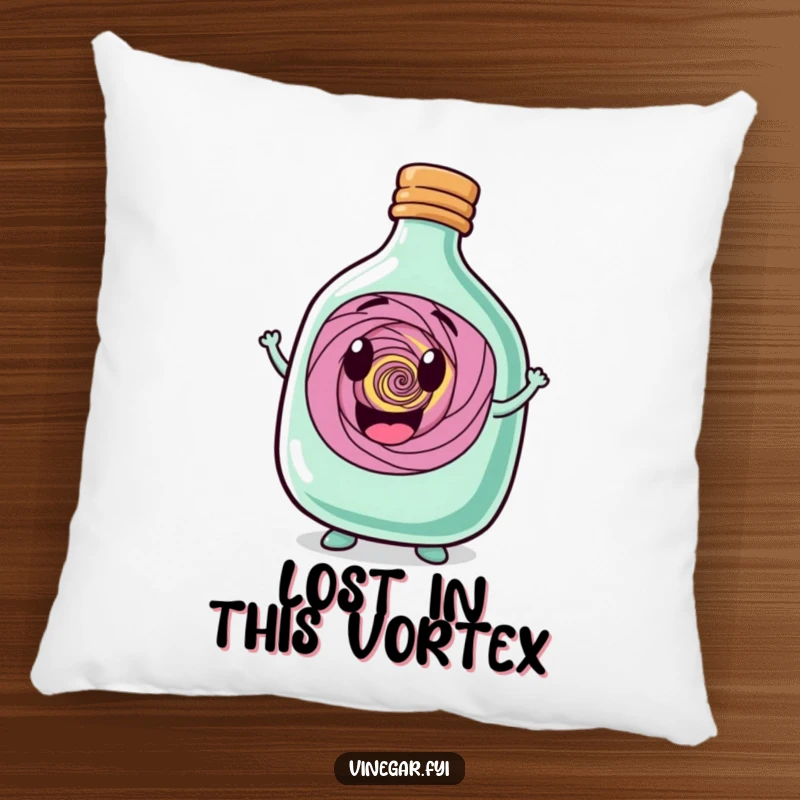 Funny happy squat bottle character proudly showcasing a swirling vortex within, creating a cozy, whimsical, and decorative pillow.