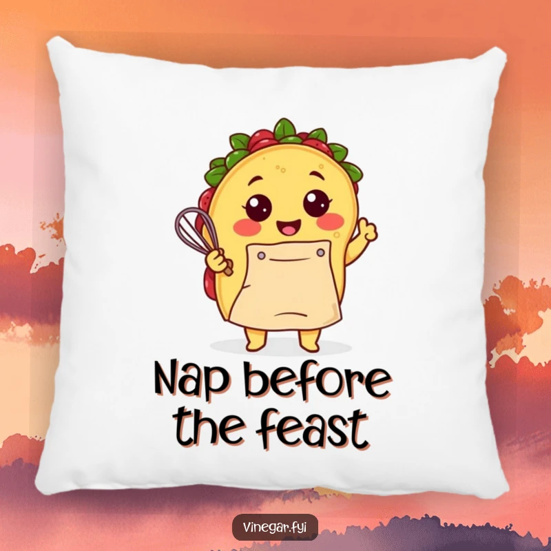 Funny Kawaii taco, apron on and whisk in hand, happily mixing batter on this plush and funny kitchen pillow. Cozy culinary vibes.