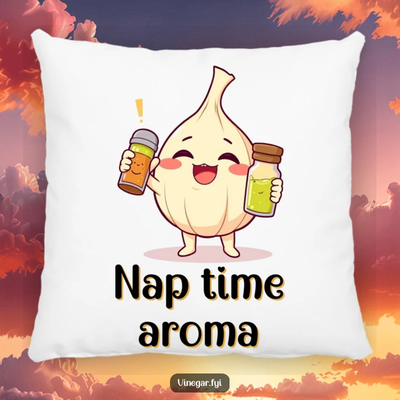 Funny giggling garlic clove character triumphantly holding a tiny vinaigrette shaker on a soft pillow, ideal funny gift.