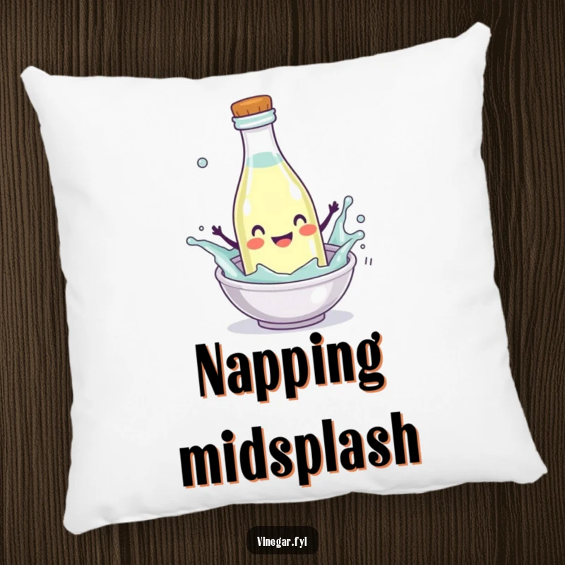Funny Pillow featuring a happy vinegar bottle character splashing enthusiastically into a mini-dish, offering comfort and a joyful vibe.