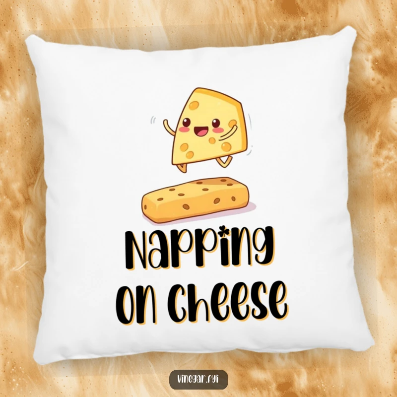 Funny cheese wedge pillow featuring a cheerful wedge playing leapfrog over a cracker, offering soft comfort and cheesy humor.