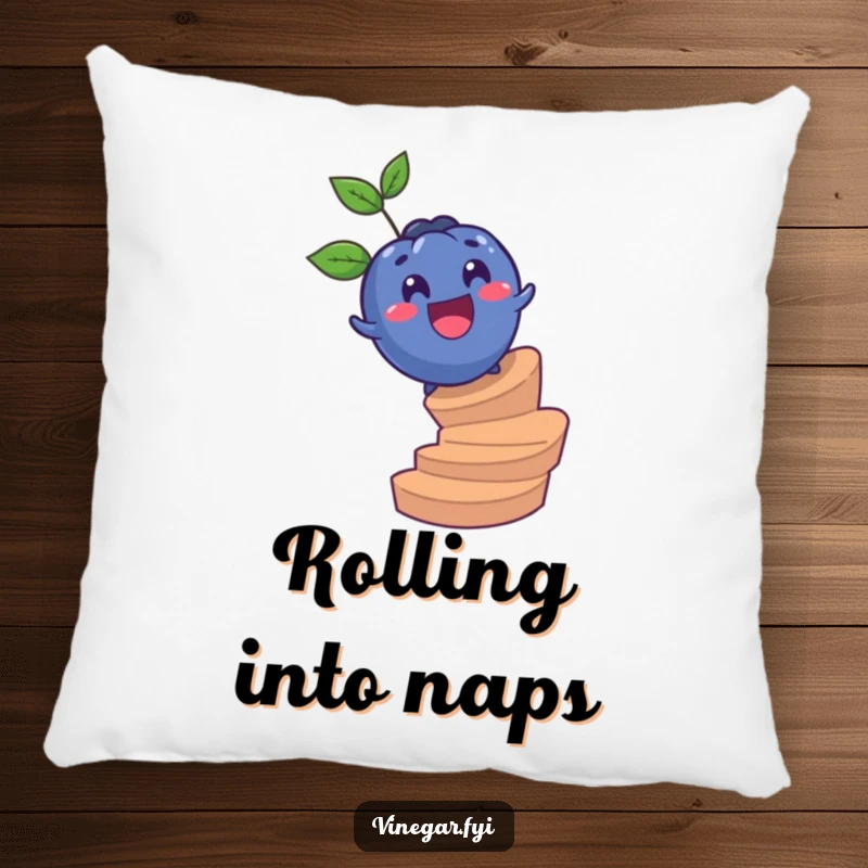 Funny pillow designed with a surprised blueberry rolling with glee down a spiral staircase, offering comfort and a touch of fruity fun.