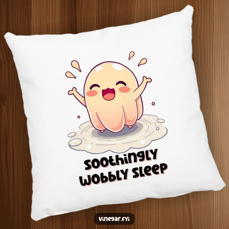 Funny Pillow: A wobbly, excited jelly character bounces ecstatically, forming tiny rivulets, offering cozy charm.