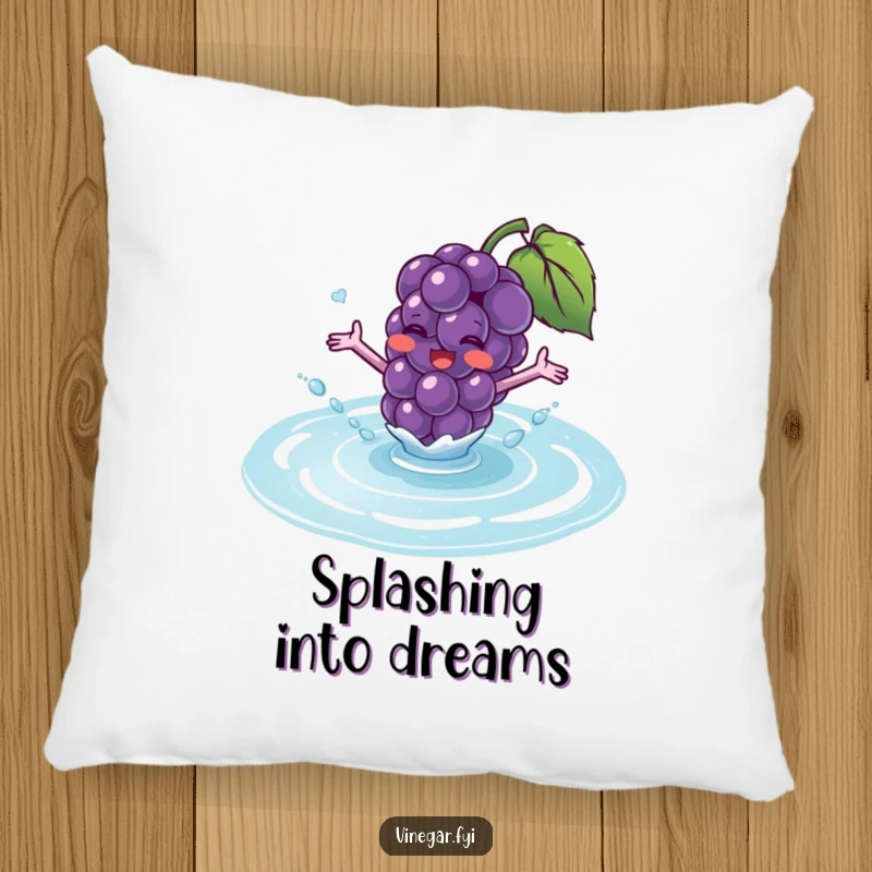Funny pillow with a blushing purple grape with tiny arms excitedly splashing into a puddle of translucent fluid.