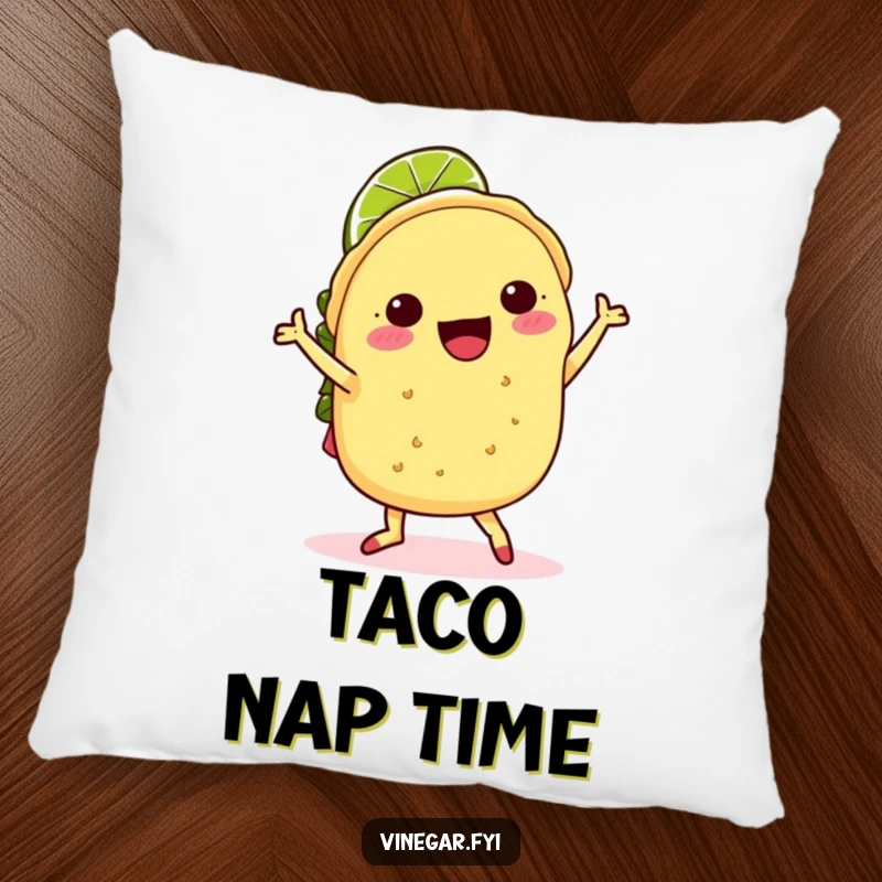 Funny kawaii taco doing a joyful jig with a lime slice hat on a soft, funny pillow, bringing cheer to any space.