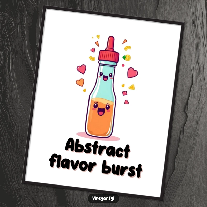 Funny excited condiment squeeze bottle spraying a rainbow of colorful shapes mid-air, for a humorous digital art print.