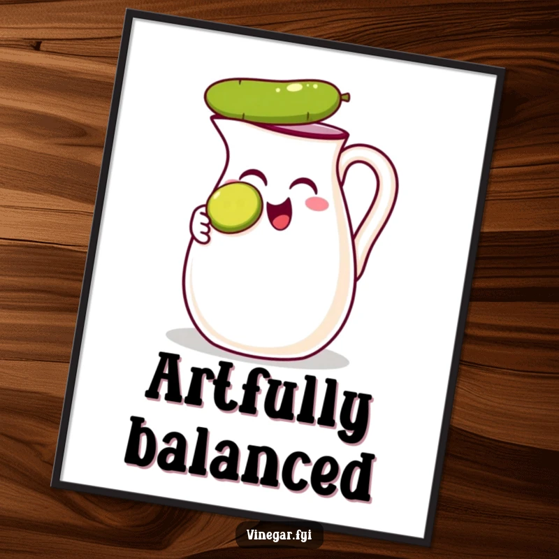 Funny digital art print of a thrilled vinegar jug balancing a pickle slice on its nose, bringing instant absurdity and humor.