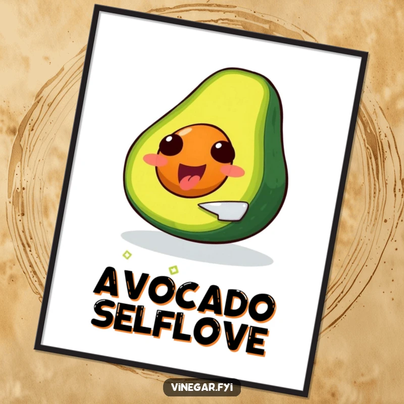 Funny, delighted avocado slicing itself with a tiny knife, as a digital art print.