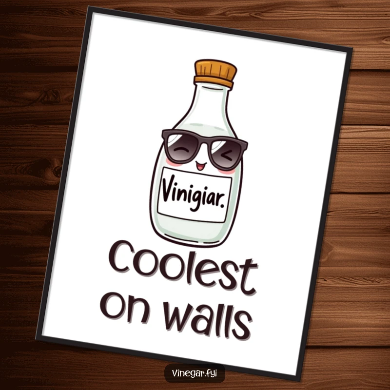 Funny digital art print of a mischievous vinegar bottle in tiny sunglasses, winking, perfect for adding instant humor to home decor.