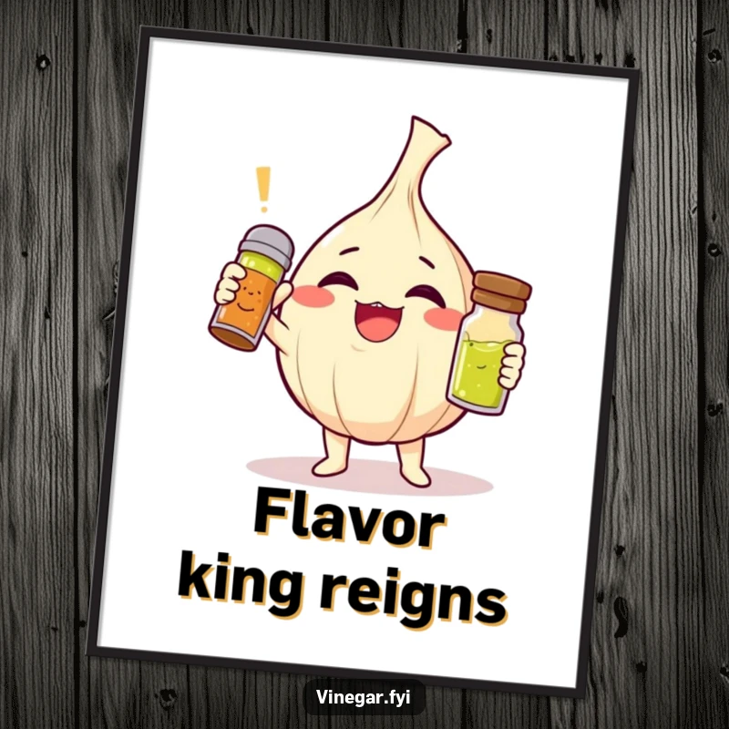 Funny giggling garlic clove character triumphantly holding a tiny vinaigrette shaker, downloadable funny digital art print, perfect gift.