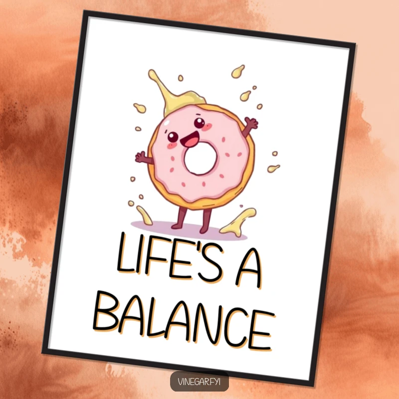 Funny digital art print of a playful donut cartwheeling near a vinegar splash, delivering energetic and humorous vibes.