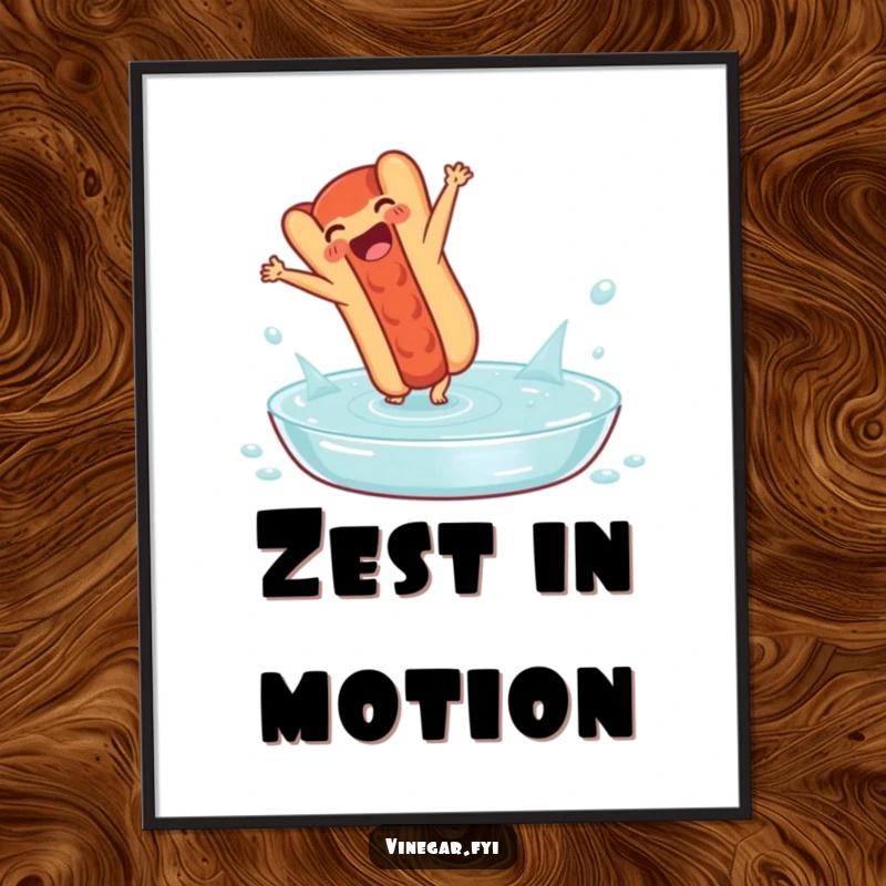 Funny digital art print: A delighted hot dog performs a cartwheel in a pool of vinegar, creating a lively and humorous visual.