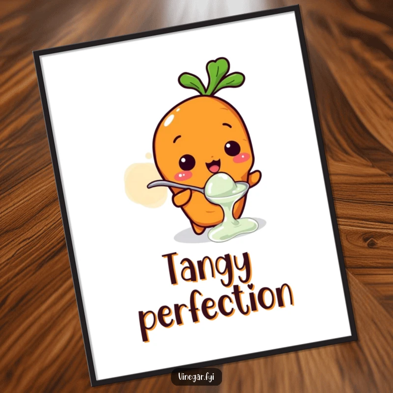 Funny digital art print of a small Kawaii carrot charactertasting vinegar from a tiny spoon, with a comically sour expression, instant download.