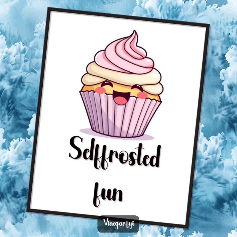 Funny kawaii cupcake excitedly frosting itself with a giggle, as a digital art print, perfect for dessert lovers.