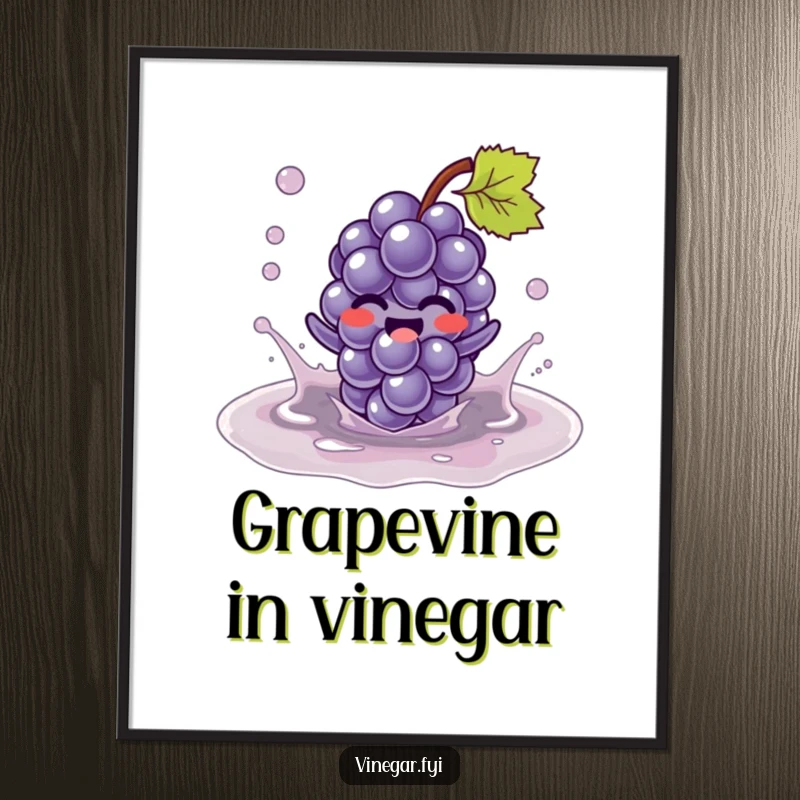 Funny Kawaii grape character, giggling and splashing in a vinegar puddle, captured in this humorous and vibrant digital art print. Joyful decor download.