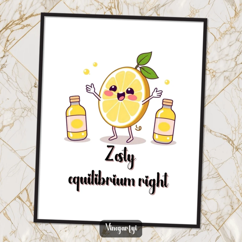 Funny Kawaii lemon slice, joyfully juggling vinegar bottles, captured in this humorous and vibrant digital art print. Citrus decor download.