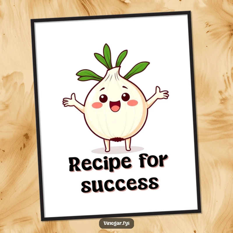 Funny Kawaii onion with arms spread wide, holding a recipe, as digital art for home decor.