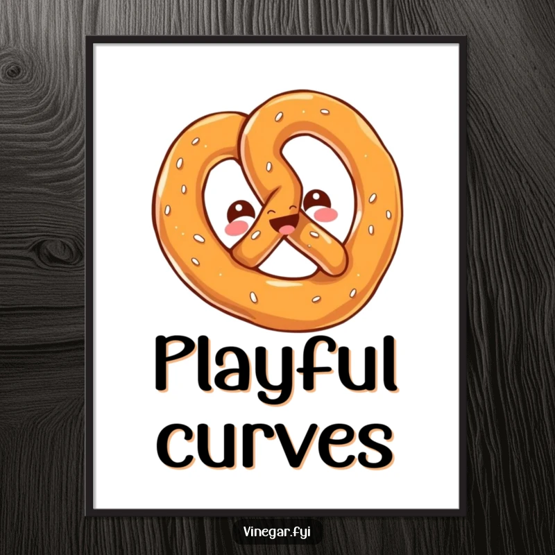 Funny digital art print of a kawaii pretzel twisting playfully, its cheerful, salty gleam radiating delightful humor.