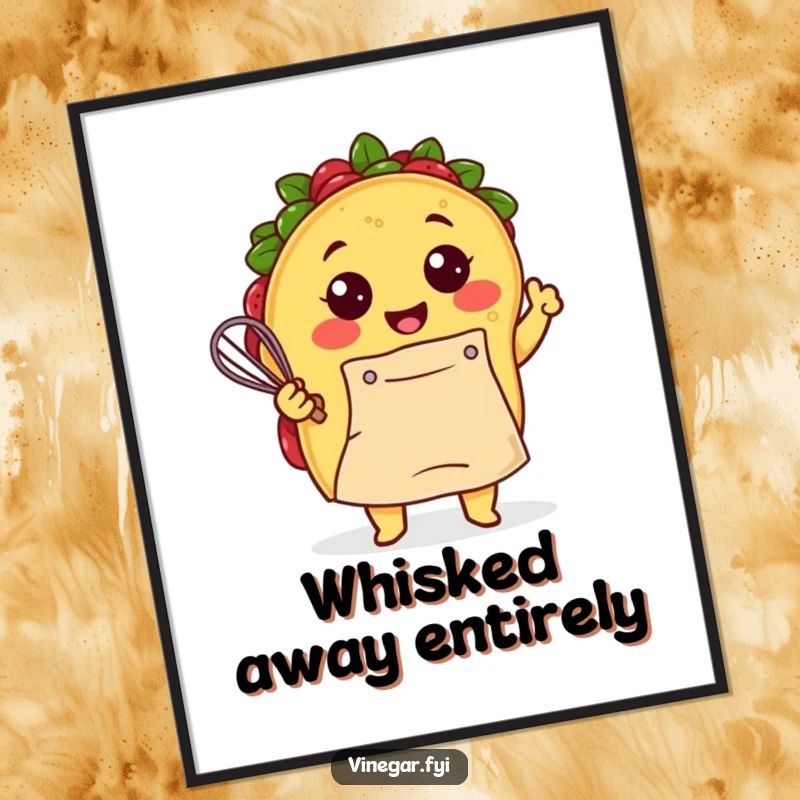 Funny Kawaii taco, wearing an apron and whisking batter with gusto, captured in this humorous and vibrant digital art print. Kitchen art.