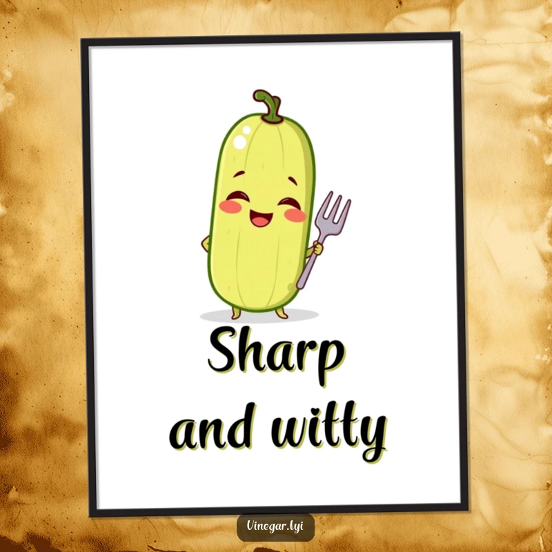 Funny digital art print of a giggling pickle in a confident pose with a tiny fork, a sassy and humorous illustration.