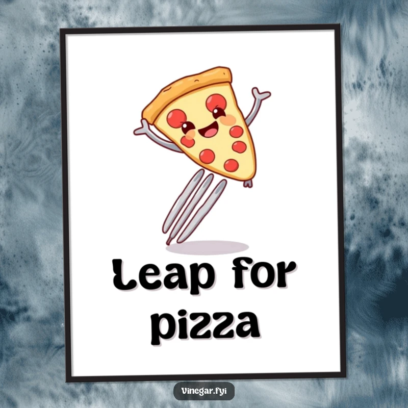 Funny digital art of a smiling pizza slice enthusiastically leaping over a giant fork, ready to print.