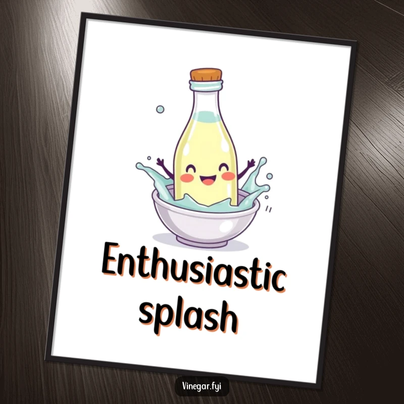 Funny Digital Art Print of a happy vinegar bottle character splashing enthusiastically into a mini-dish, perfect for immediate download.