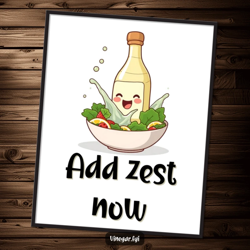 Funny digital art print of a smiling vinegar bottle splashing into a salad bowl, instant kitchen wall art.