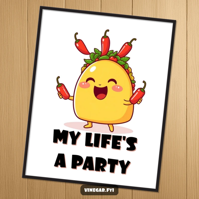 Funny digital art print of a happy taco juggling three tiny red chili peppers with a big, infectious grin.