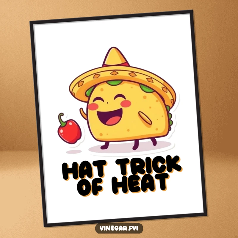 Funny laughing taco with a sombrero balancing a minuscule chili pepper on its head, for a humorous digital art print.