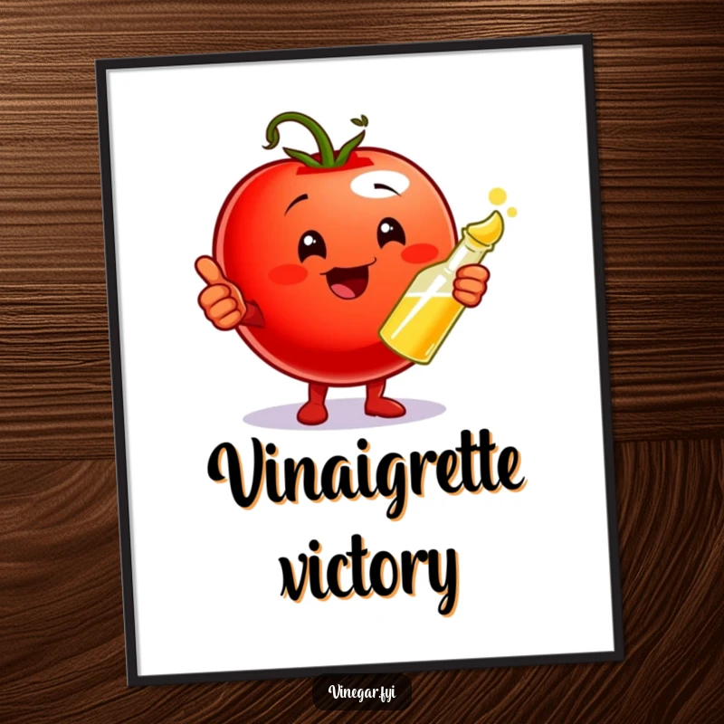 Funny Digital Art Print of a playful cherry tomato giving a thumbs up while holding a vinegar cruet, celebrating a perfect flavor pairing.