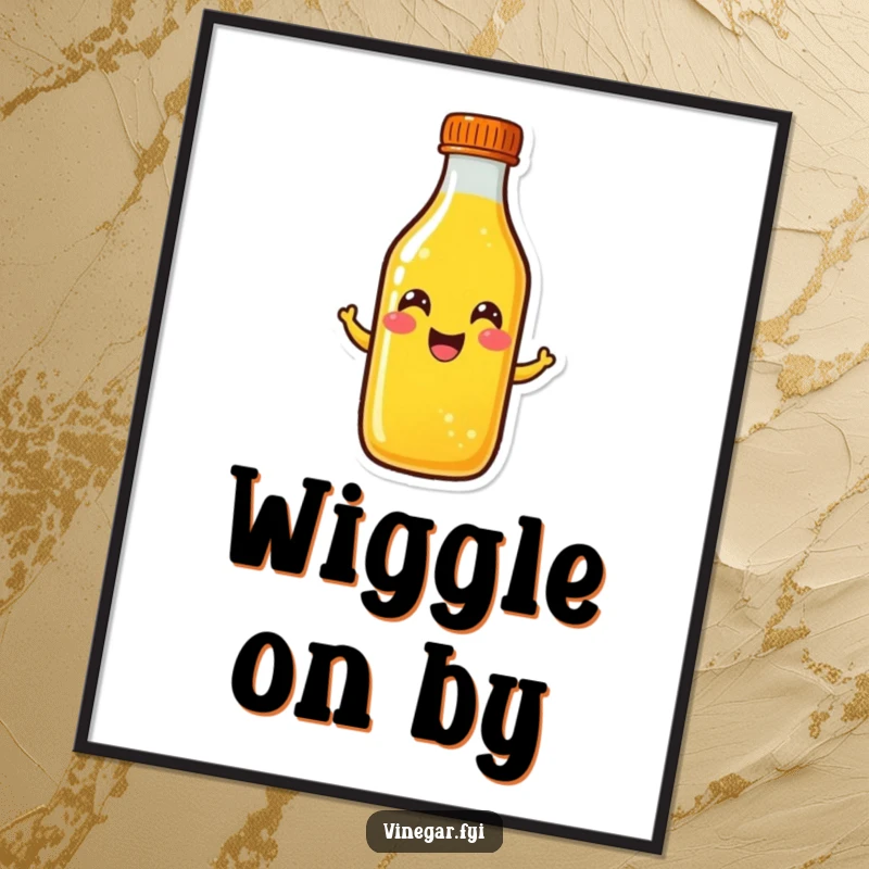 Funny yellow liquid bottle digital art print featuring a cheerful wiggle, radiating happiness and downloadable fun, a perfect funny gift.