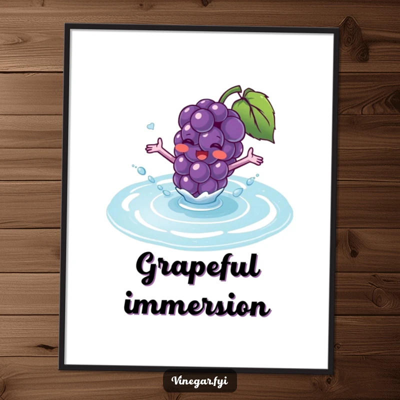 Funny digital art print of a blushing purple grape with tiny arms excitedly splashing into a puddle of translucent fluid.