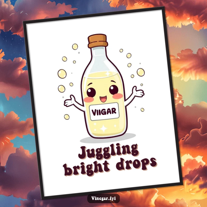 Funny Digital Art Print of a playful vinegar bottle character juggling tiny, sparkling droplets, perfect for immediate download and display.