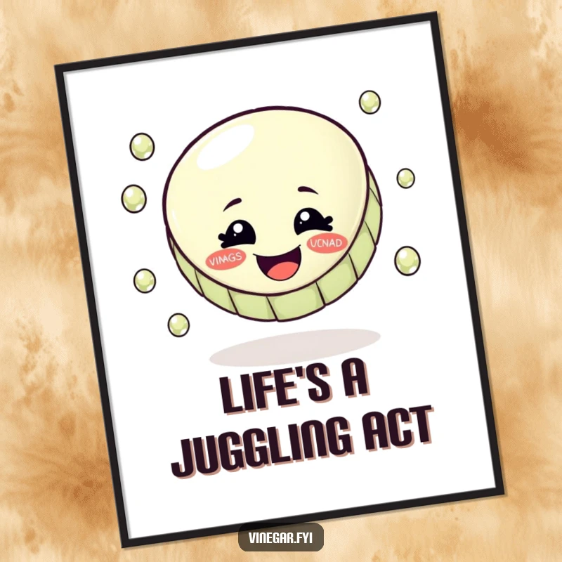 Funny digital art of a smiling bottle cap expertly juggling glistening vinegar droplets, a vibrant and humorous decoration.