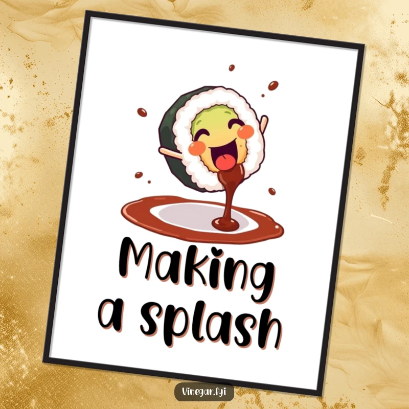 Funny digital art print of a cheerful sushi roll doing a cartwheel with soy sauce splashing, full of motion and joy.