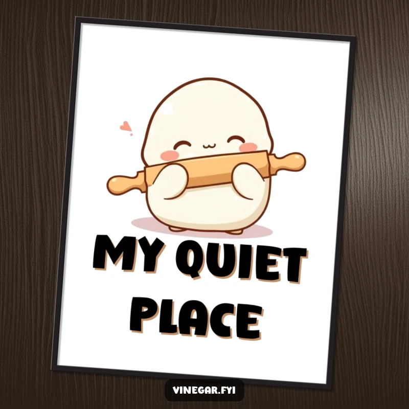 Funny digital art print of a shy dumpling blushing and hiding behind a tiny rolling pin, ready for immediate download and display.