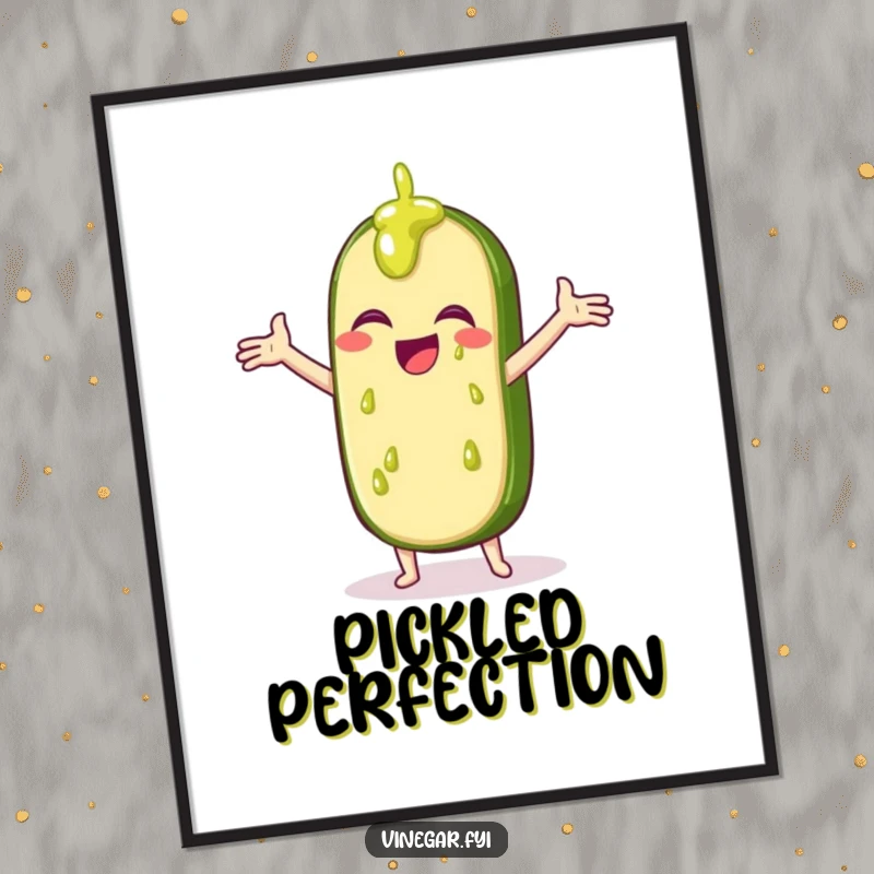 Funny digital art print of a giggling pickle slice with outstretched arms, humorously catching vinegar drips.