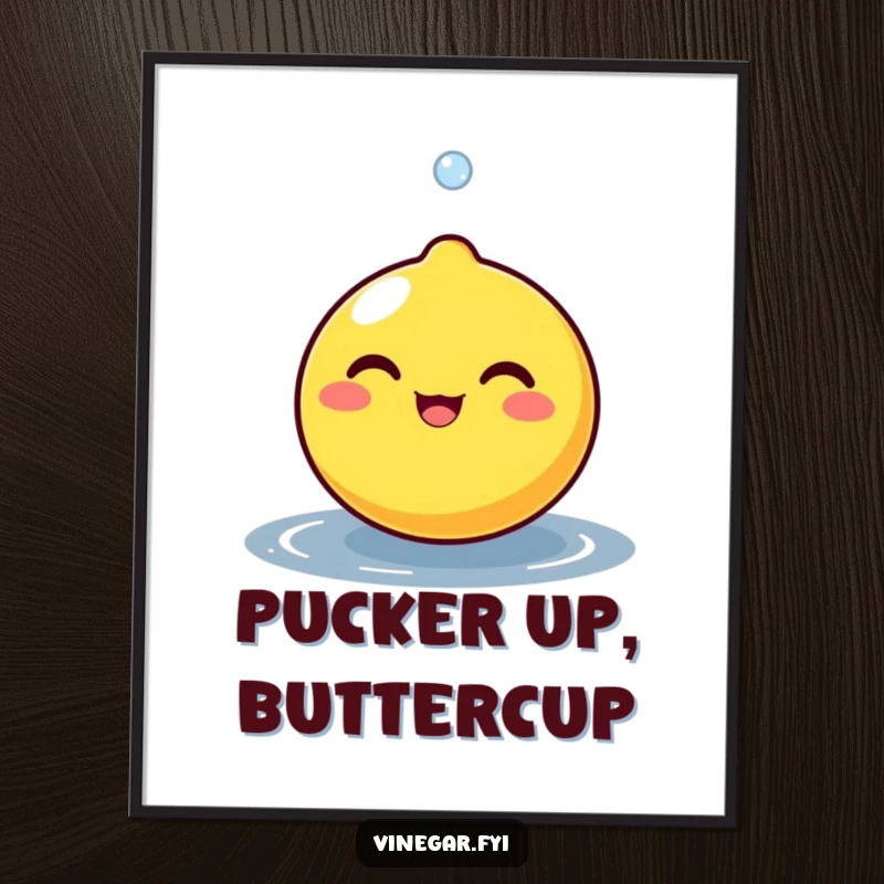 Funny, round lemon character beaming joyfully as a tiny droplet bounces off its surface, available as a high-resolution digital art print.