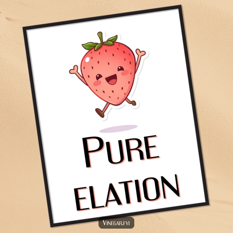 Funny digital art print of a kawaii strawberry leaping with pure joy, its leaf cap askew, radiating happiness.