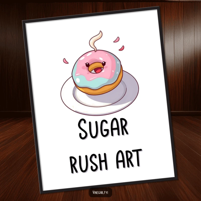 Funny donut digital art print of a joyful donut spinning with frosting flying, creating a vibrant and sweet piece.