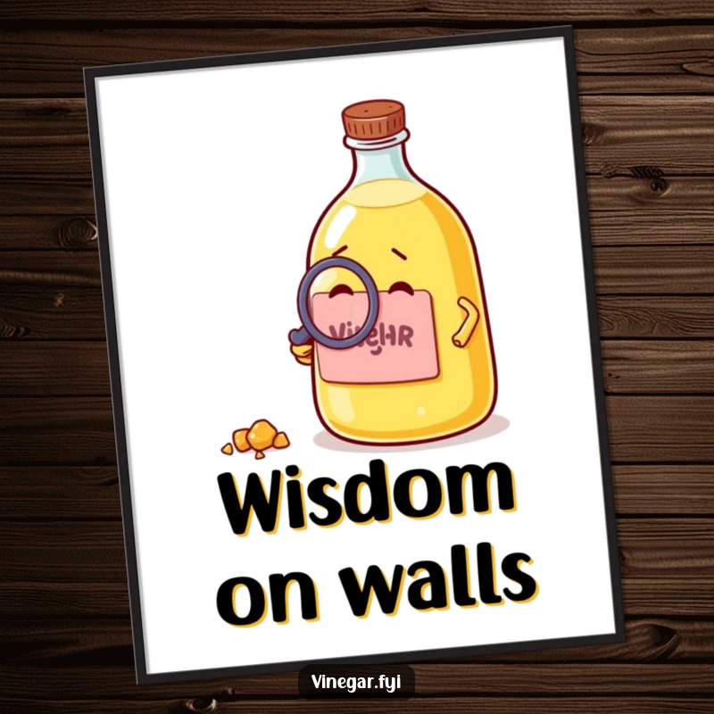 Funny digital art print of a curious vinegar bottle examining a crumb with a magnifying glass, bringing instant intrigue and humor.