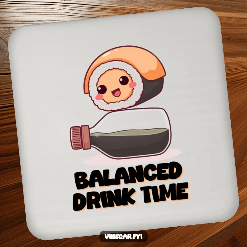 Funny coaster: A happy, round sushi roll balances precariously on a vinegar bottle, guarding tables with a dash of zesty, food-themed fun.